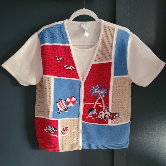 Vintage Koret‎ Thick Knitted Cotton Blend Short Sleeve Cardigan Shirt Sweater - Picture 2 of 11